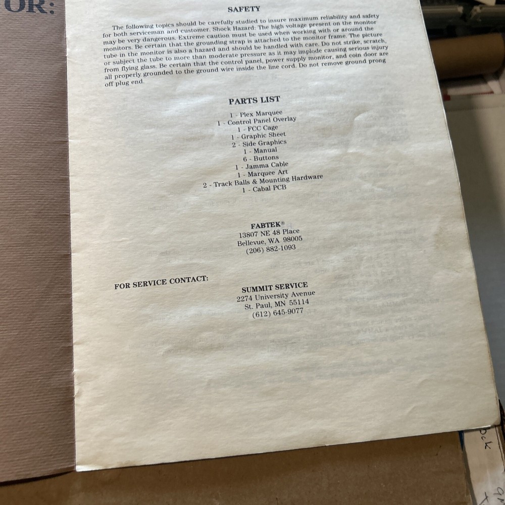 Original 1988 Cabal FABTEK Arcade video game manual