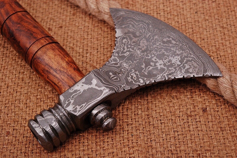Custom Handmade Forged Damascus Blade Pipe Axe Tomahawk Hatchet Integral Axe
