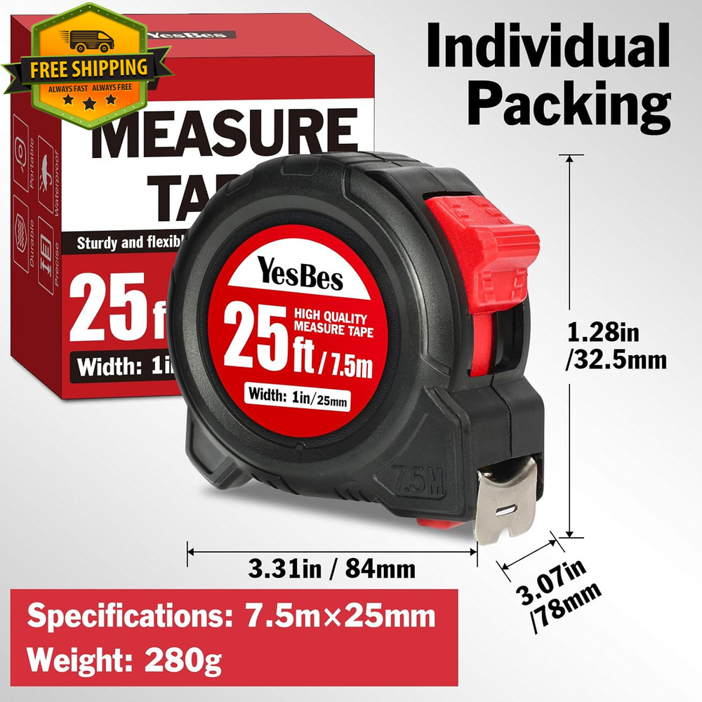 25ft Tape Measure Self Lock Retractable Easy Read Bulk Pack
