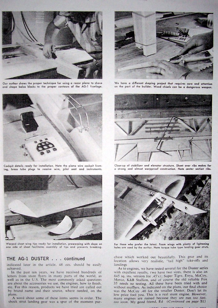 Aldrich AG-1 DUSTER PLAN + CONSTRUCTION ARTICLE for 54" UC Stunt Model Airplane