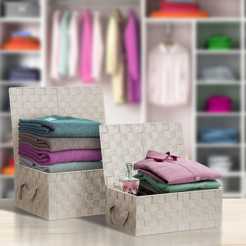 Storage Box Woven Lid Basket Bin Container Tote Cube Stackable Organizer Set