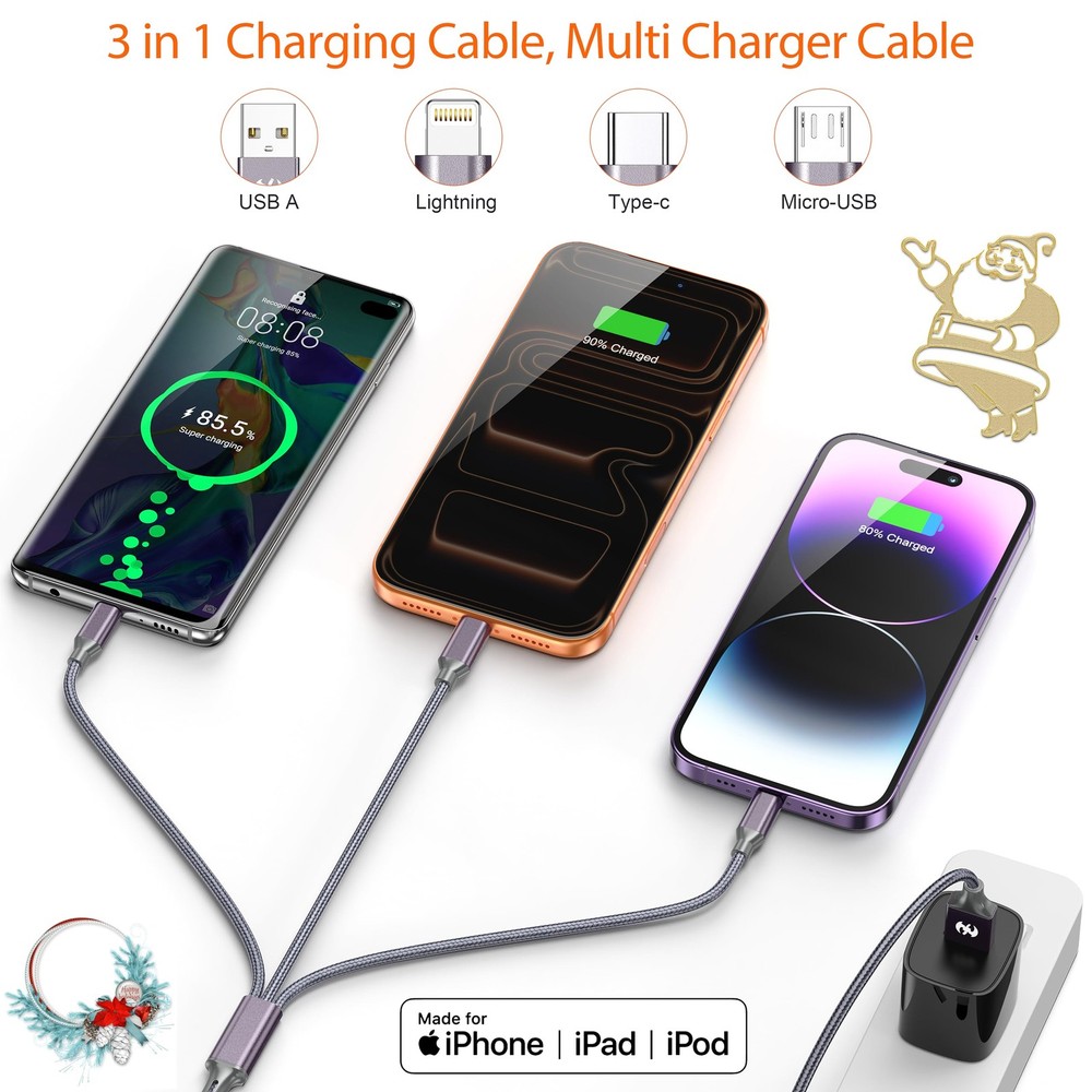 Multi Charging Cable (6ft 2Pack),3 in 1 USB 6 feet, Grey-6ft