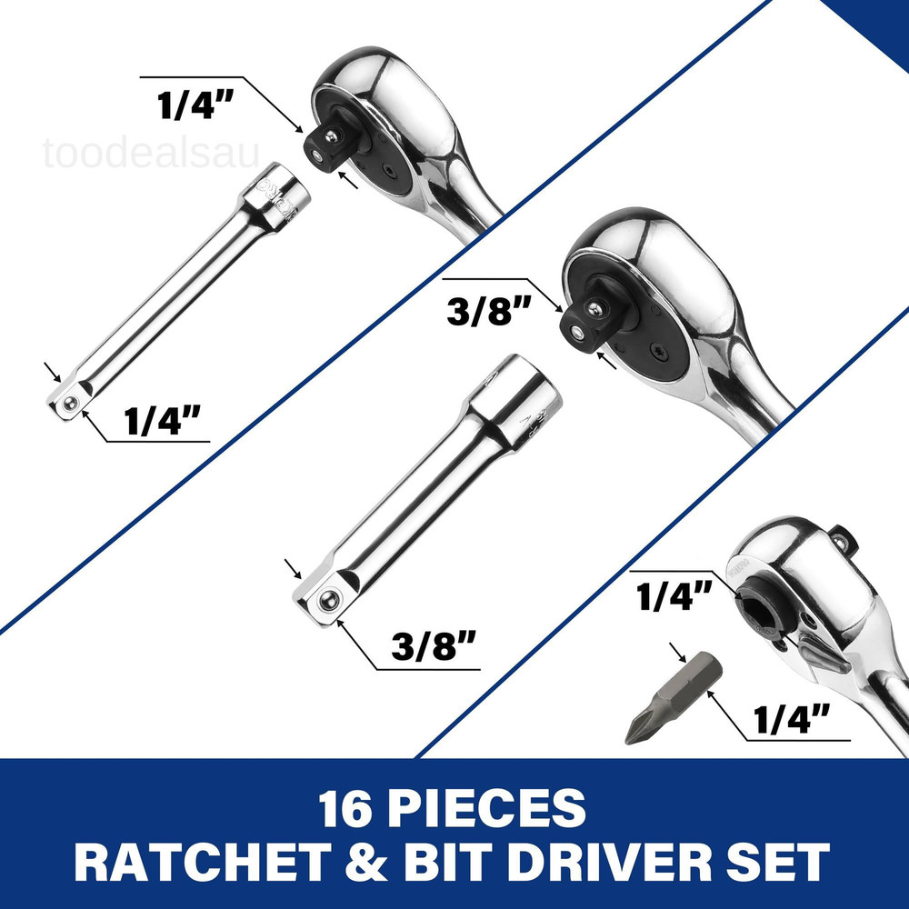 Stubby Ratchet & Bit 16 PCS & Driver Set, Silver