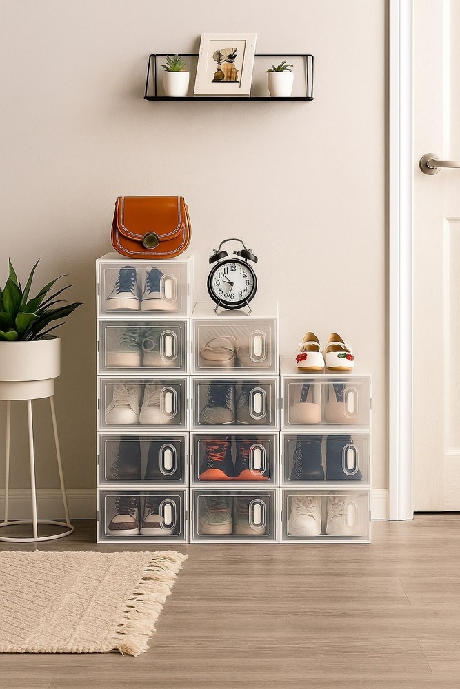Shoes Storage Organizer Boxes, Clear Plastic 12 Pack Stackable - White