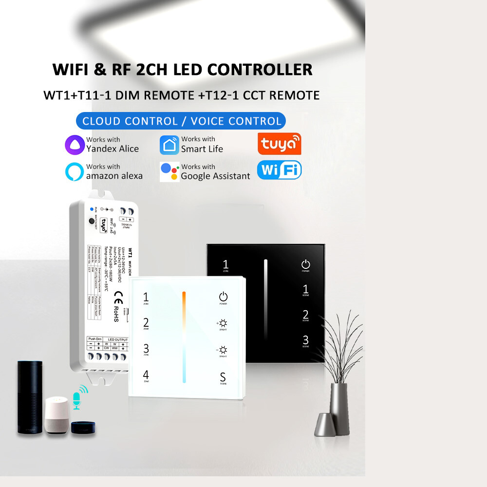 WT1 LED Controller 12-24V 4Zone Wall Touch Panel Dimmer Wireless Wifi RF Remote