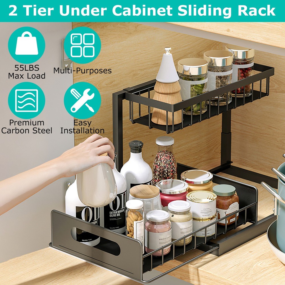2 Tier Under Sink Organizer Sliding Storage Drawer for Kitchen Bathroom Cabinet