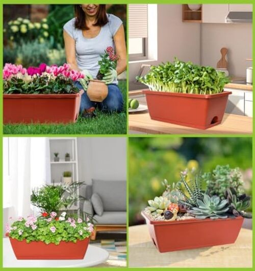 Window Box Planter, 7 Pack Plastic Vegetable Flower Planters Boxes Brick Red