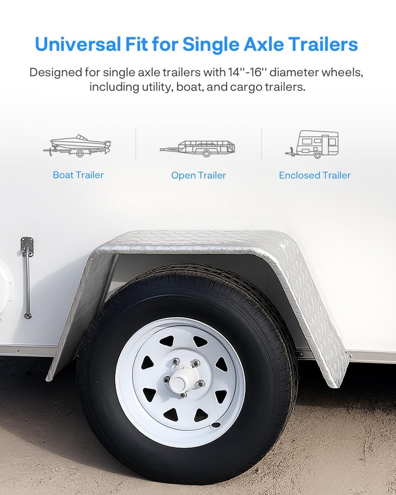 Single Axle Square Trailer Fender for 14-16 Inch Wheels Diamond Plate Steel