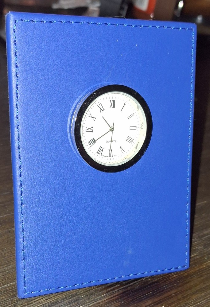 Blue Silver Leather Rectangular Desk Clock Analog Roman Numerals Quartz Battery