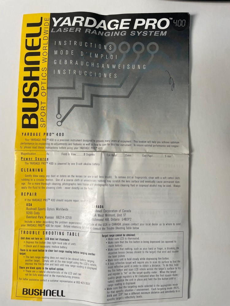 Bushnell Yardage Pro 400 Rangefinder Laser Ranging System Case & Instructions