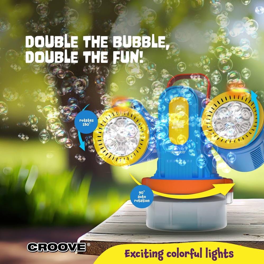 CROOVE Twin-Engine Bubble Machine – 10,000+ Bubbles/Min, Rotating Base, Lights