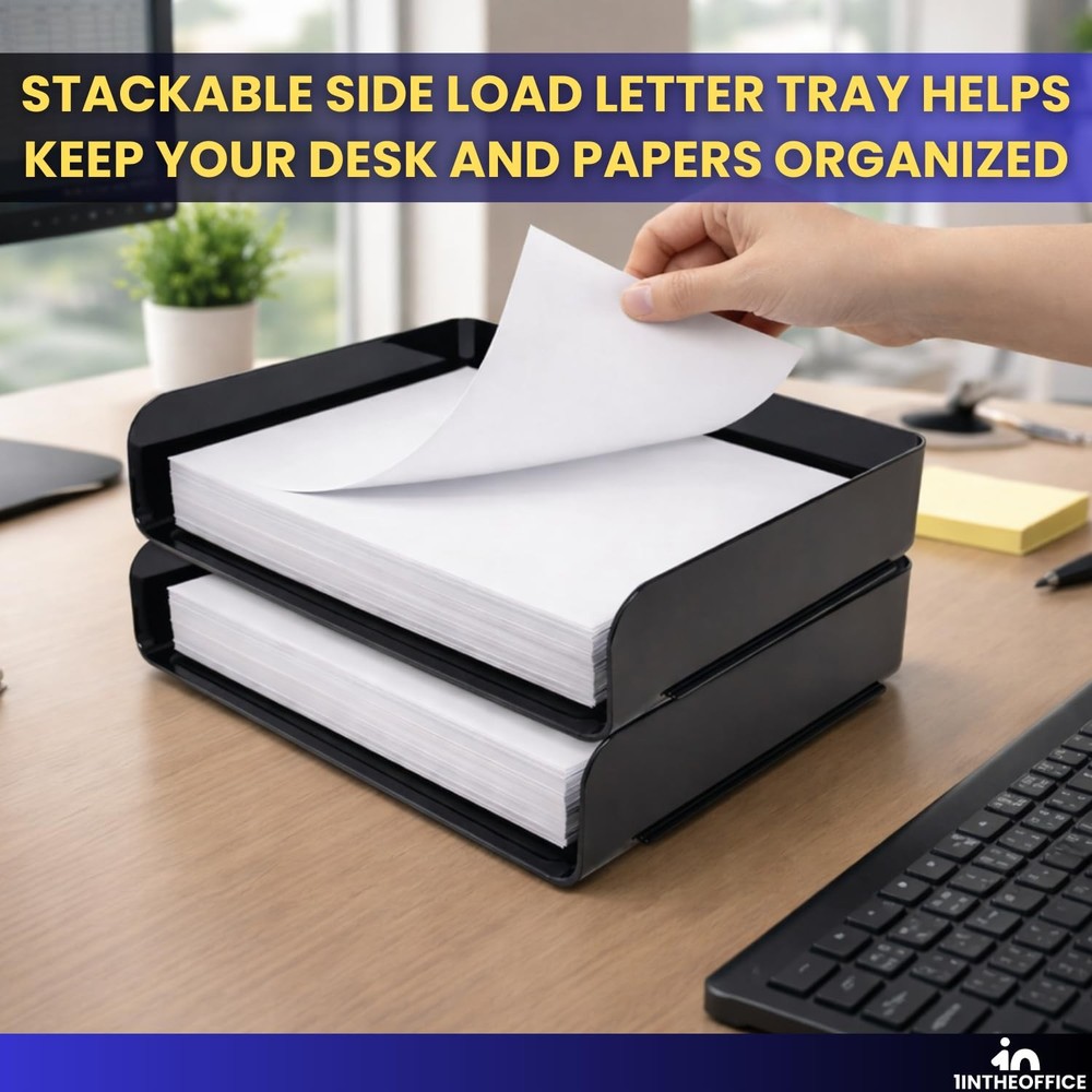 2-Tier Letter Tray Desk Organizer, Stackable, Side Load, Black, 2 Pack