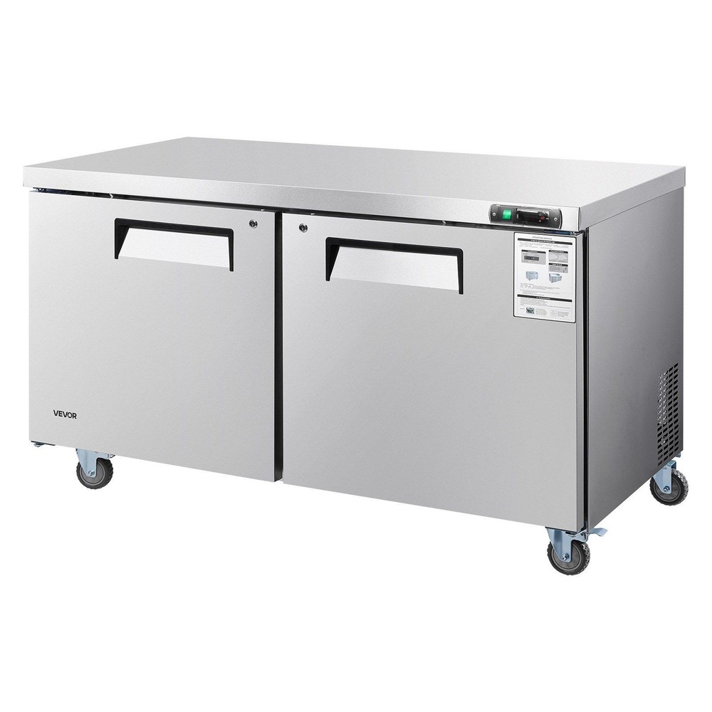 60" Stainless Freezer Prep Table, 14.8 Cu.Ft, Dual Doors, Lockable & Casters