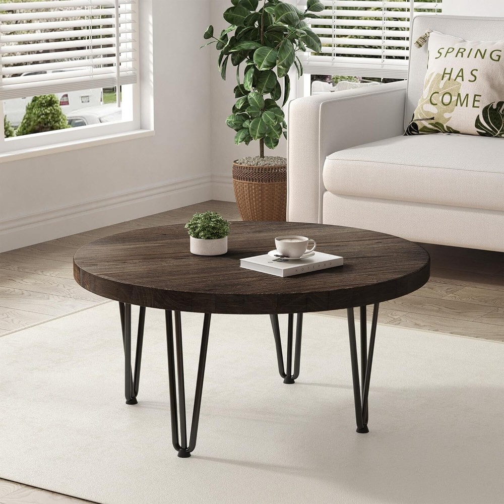 Rustic Wood Round Coffee Table with Metal Legs, Solid Elm Walnut