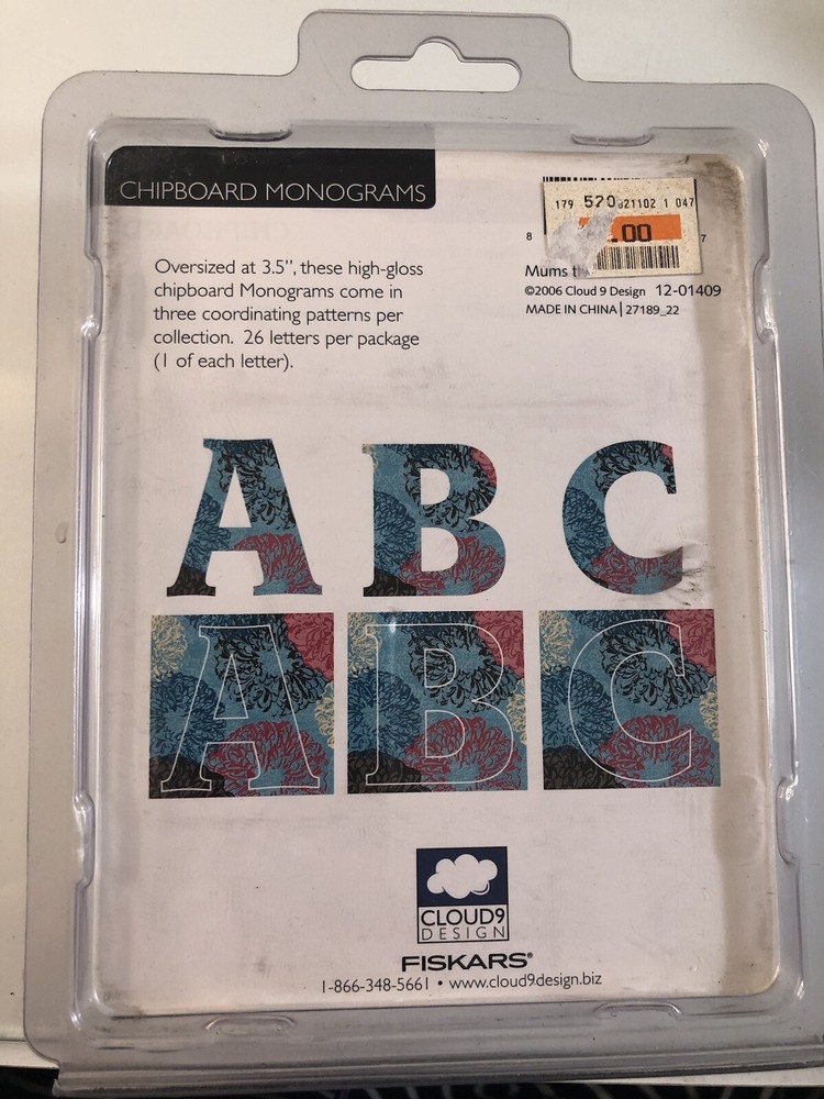Fiskars Alphabet Chipboard Monogram MUMS THE WORD Pattern 3.5" Cloud 9 Design