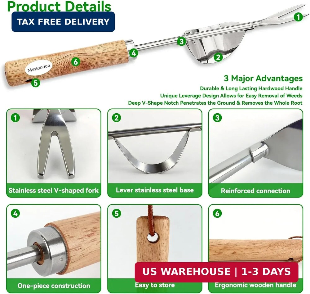 2 Pack Garden Weeding Tools, Stainless Steel V-Shaped Weed Puller & Root Hook We