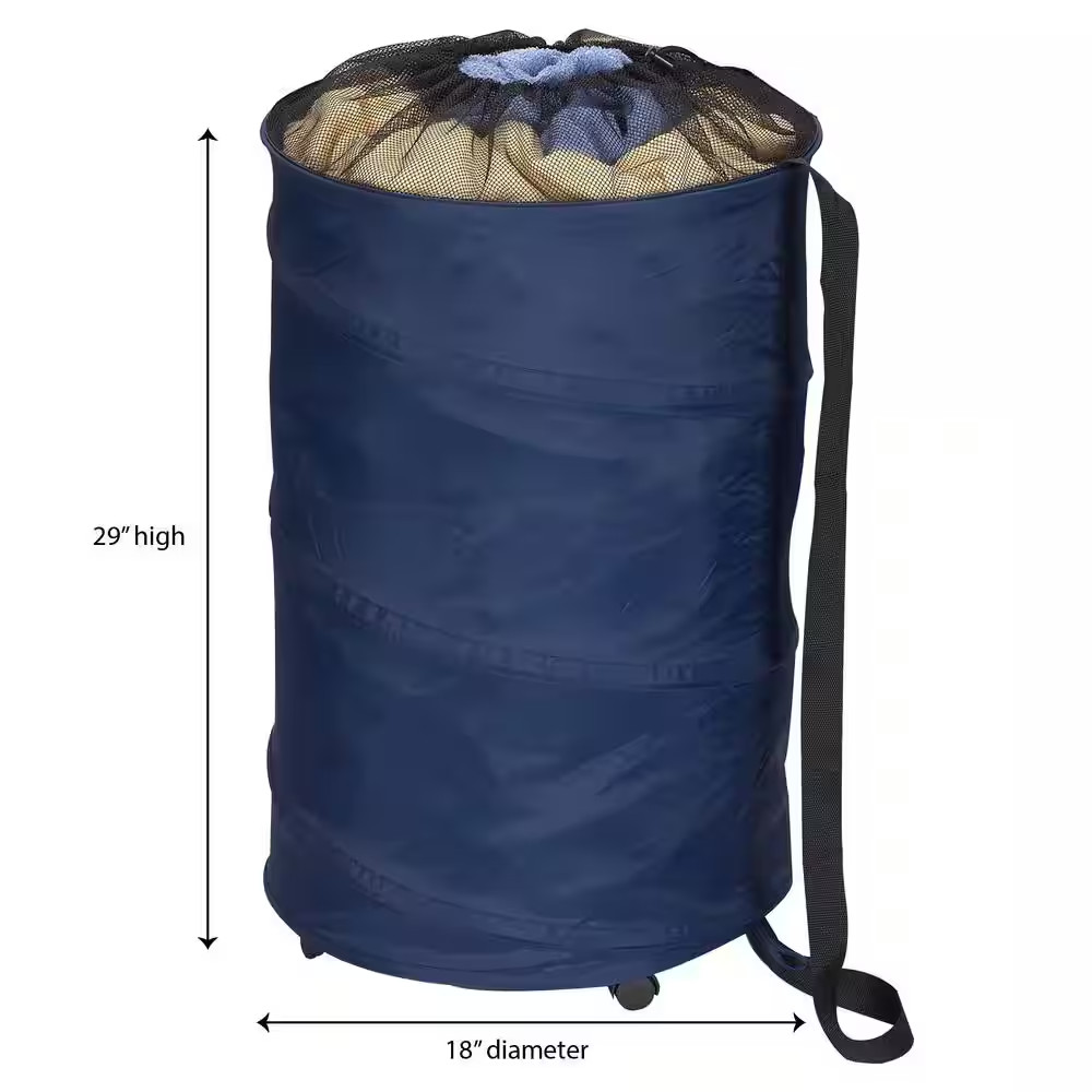 Pop up Polyester Laundry Hamper with Wheels in Navy Blue