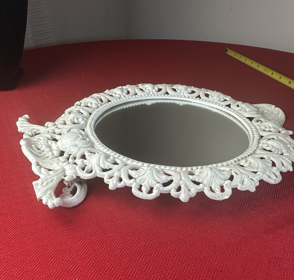 Large Ornate White Cast Iron Vanity Mirror Scroll Frame Tabletop Easel Stand