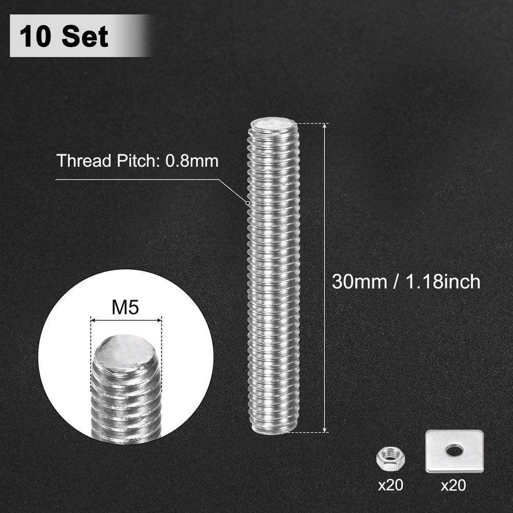 10-Set Fully Threaded Rod, M5x30mm Right Hand Thread Bar Studs with Nuts