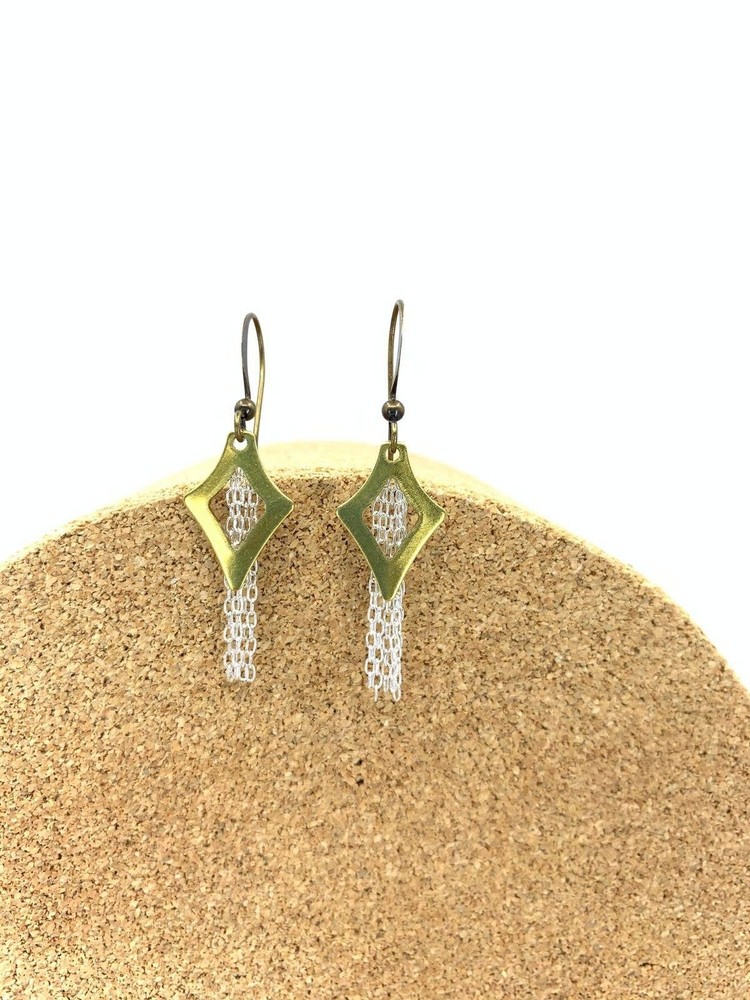 Open Brass Diamond Shape With Silver Fringe Earring