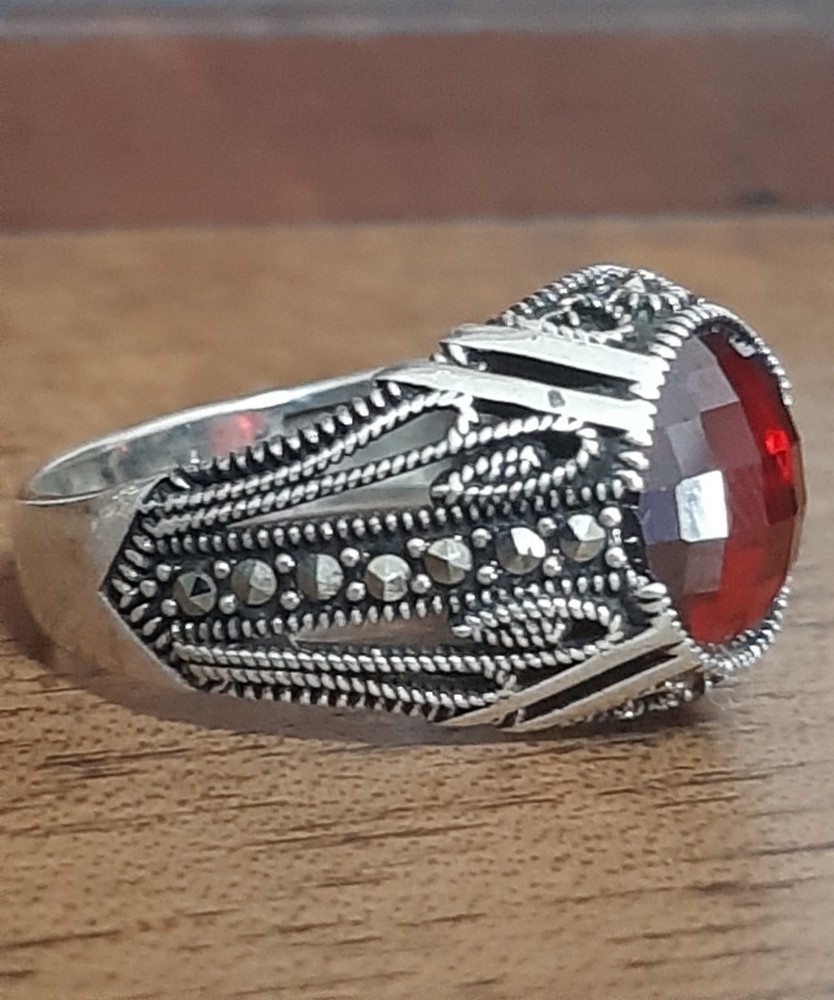 MENS 925 SILVER RING Red Tourmaline Solitaire Ruby Sterling Ring $