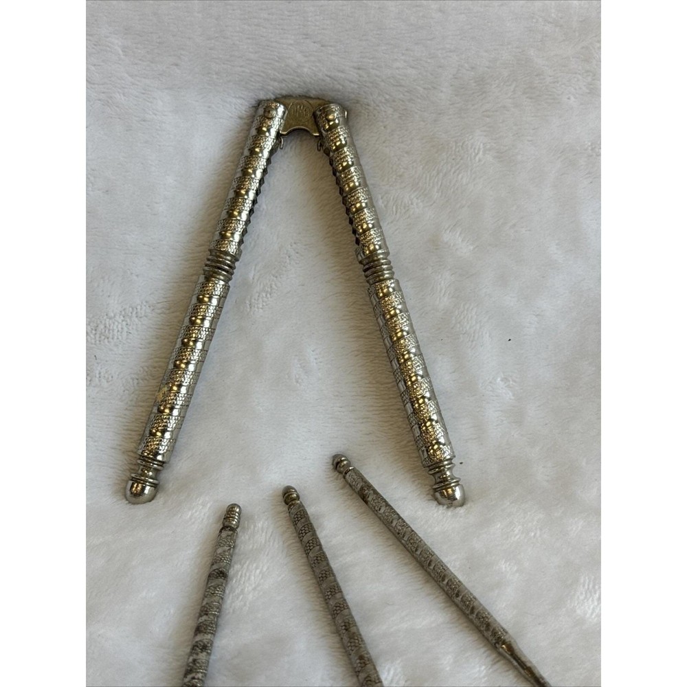 Vintage Silver Tone Nut Cracker Set with Picks Ornate Engraved Design