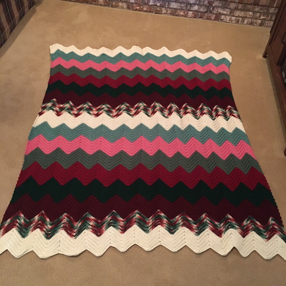 Handmade Vintage Zigzag Afghan - Colorful Chevron Pattern