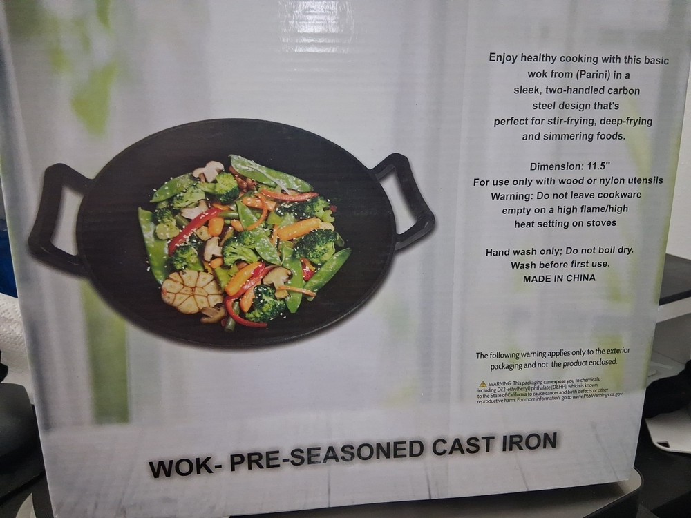 PARINI CAST IRON WOK PRE-SEASONED, 11.5"