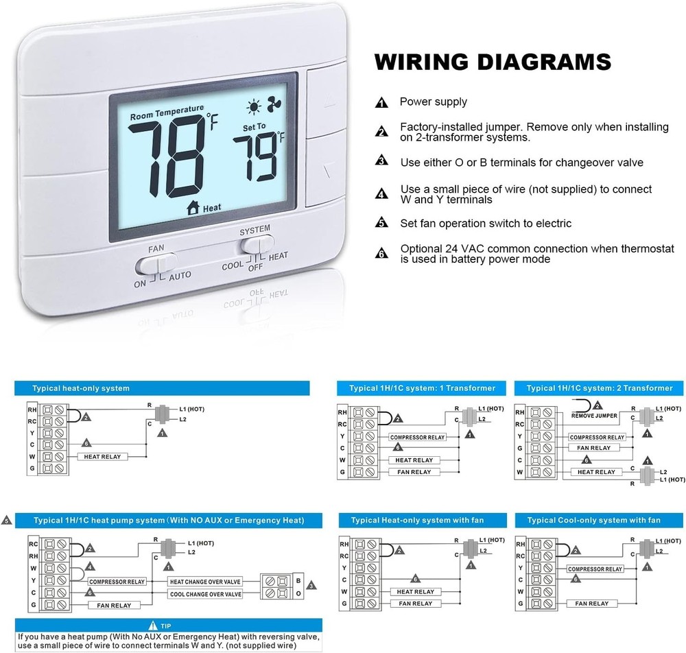 Non-Programmable Thermostat for Home Single-Stage (1H/1C), Temperature Control