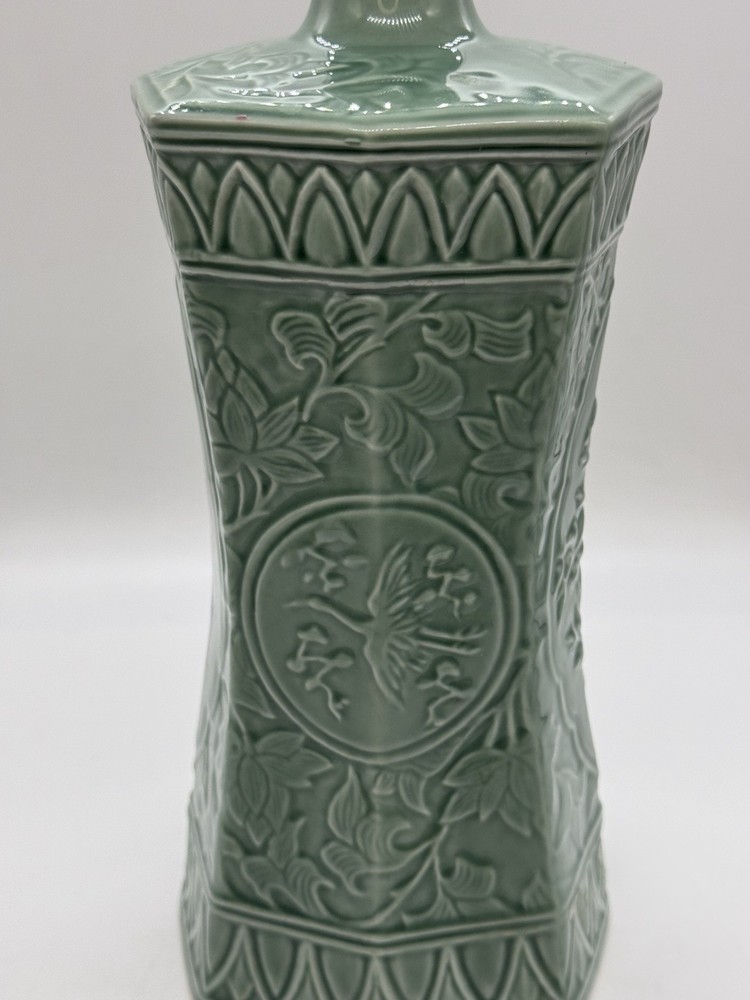 Ceramic Celadon Octagonal Bottle Leegangju, Korean Luck