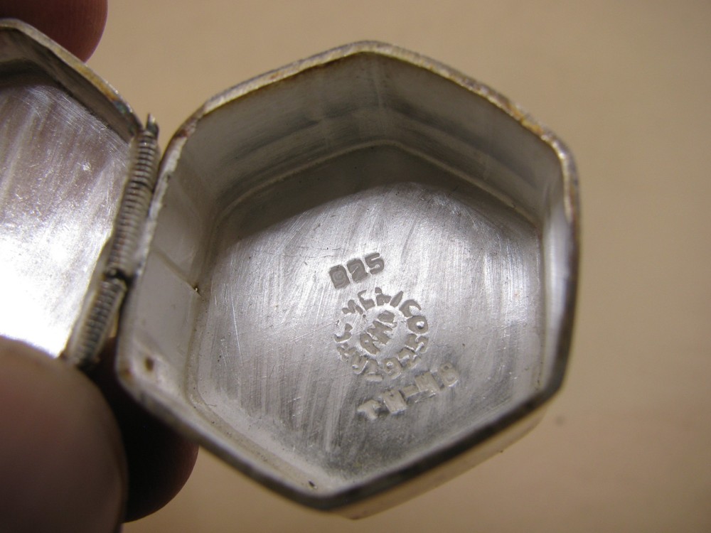 Vintage Hexagonal White Metal Pill Box - Has Mexican Silver Makers Marks
