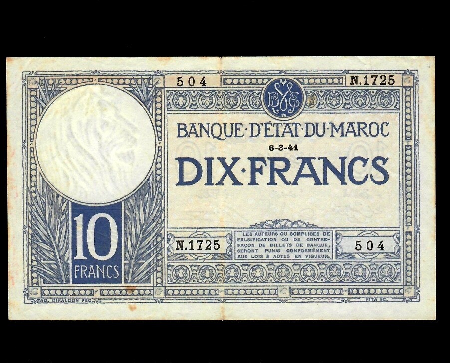 Morocco 10 Francs 1941 P-17b VF