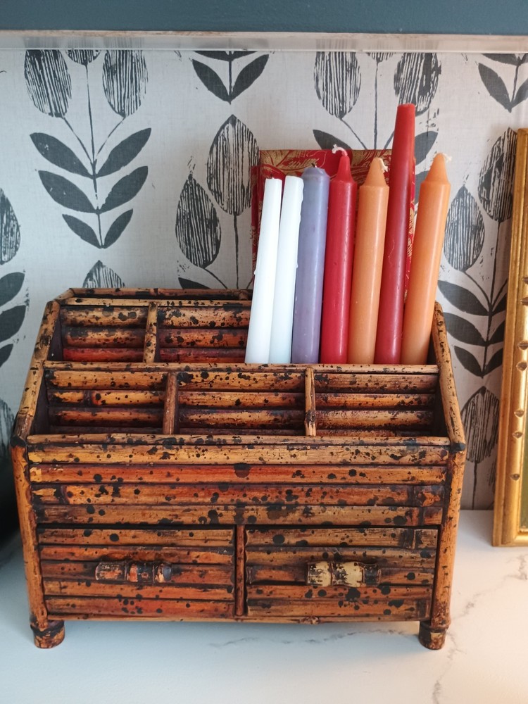 Victorian Bamboo Dark Spotted Desk Organizer Vtg HTF