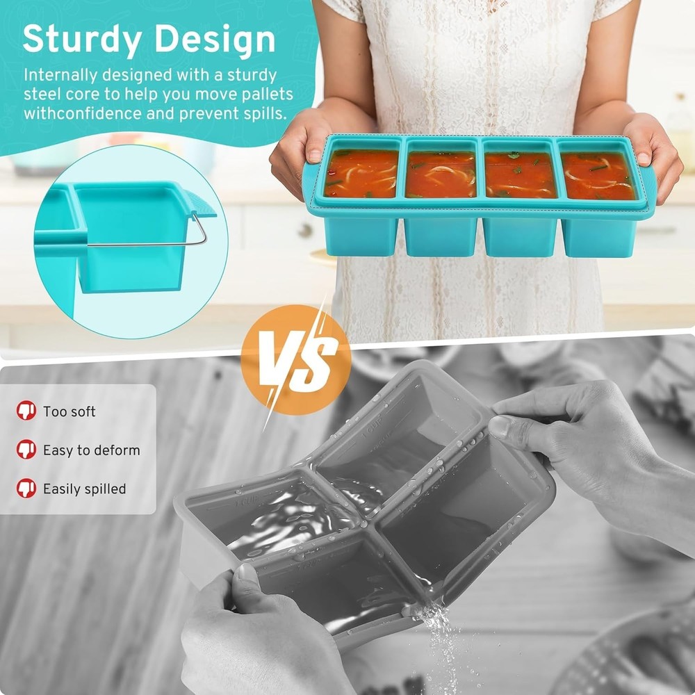 Versatile 1 Cup Silicone Freezer Molds - Aqua 4-Pack for Meal Prep & Storage