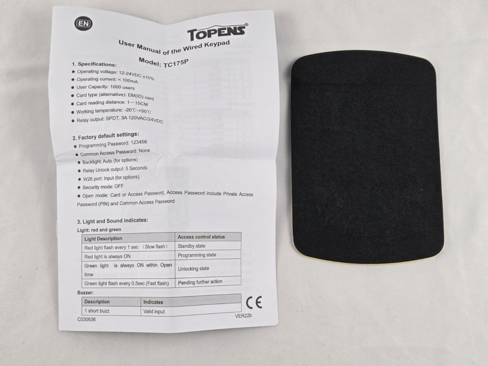TOPENS TC175P Waterproof Wired Keypad Keyless Entry Accessory for Gate Access
