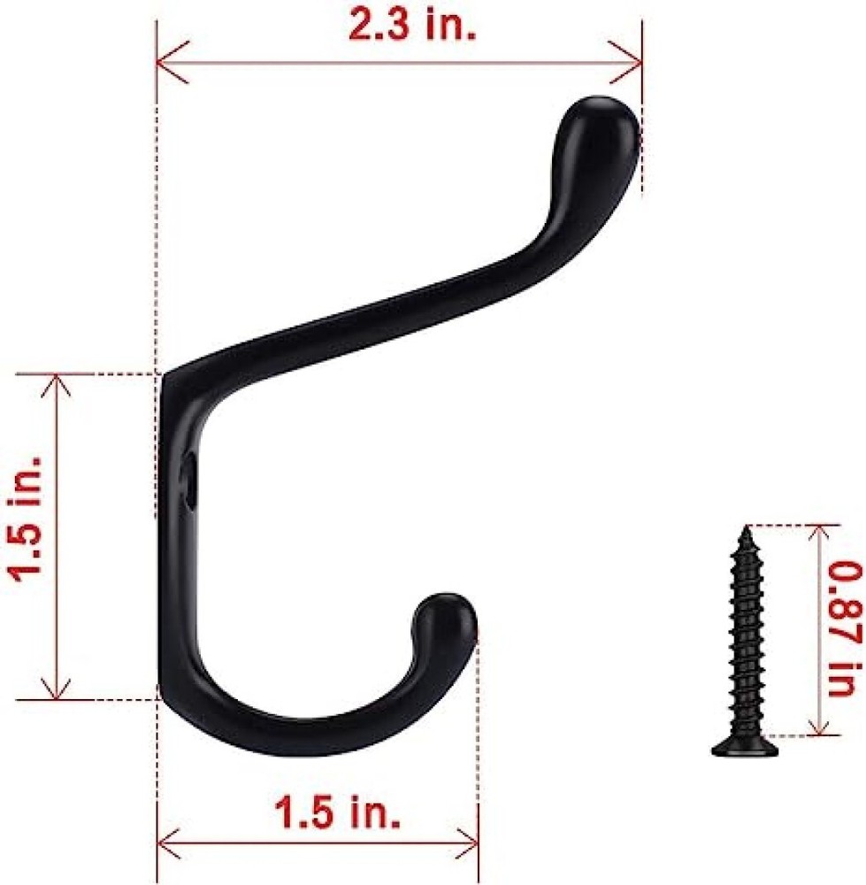 Modern Wall Mounted Coat Hooks, Double Prong, 10 Pack, Black with Hardware