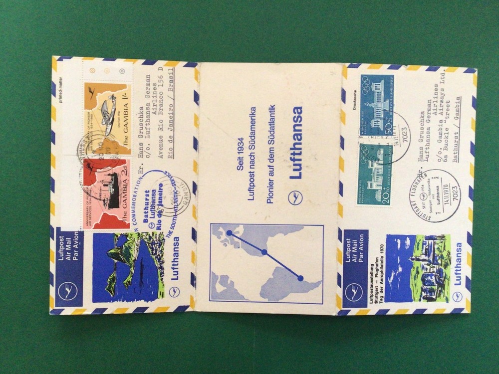 Rio de Janeiro Gambia Lufthansa double pull out airmail postal cover Ref 61754