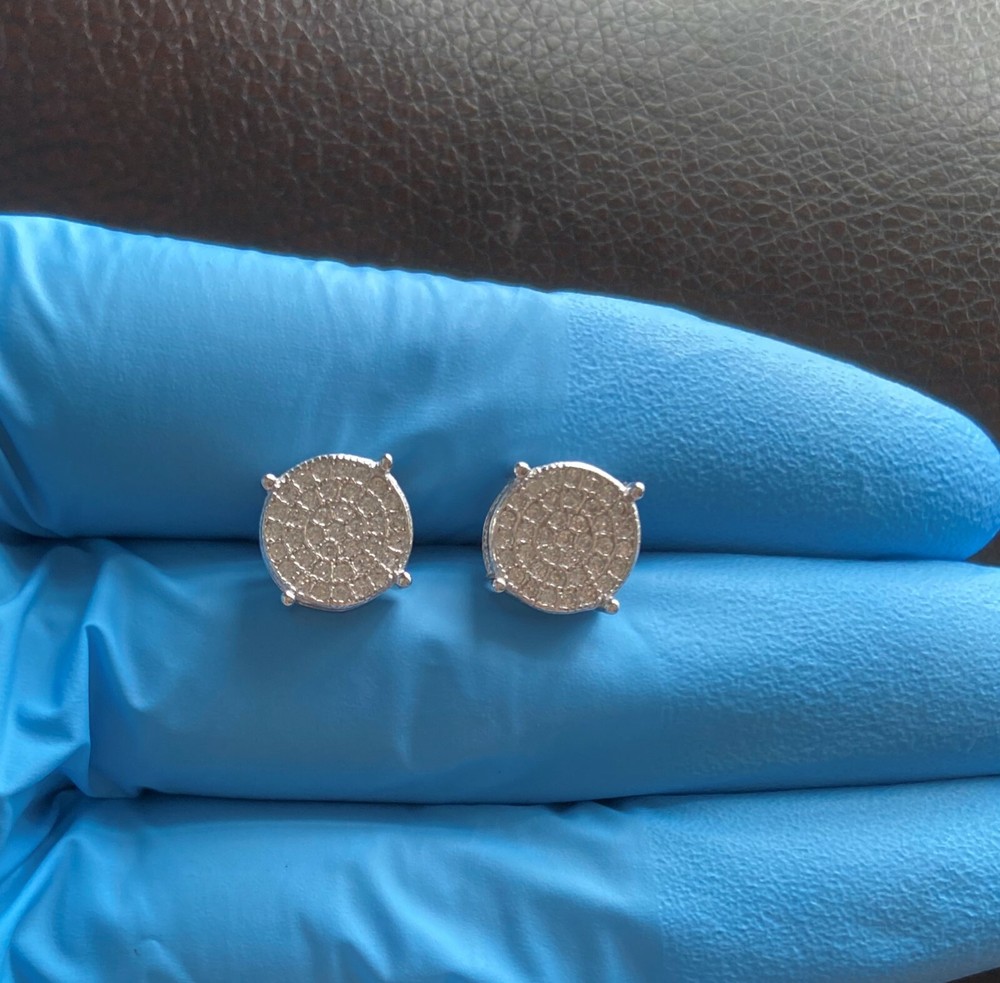 MEN 925 STERLING SILVER 10MM ICED DIAMOND BLING ROUND PUSH BACK STUD EARRING