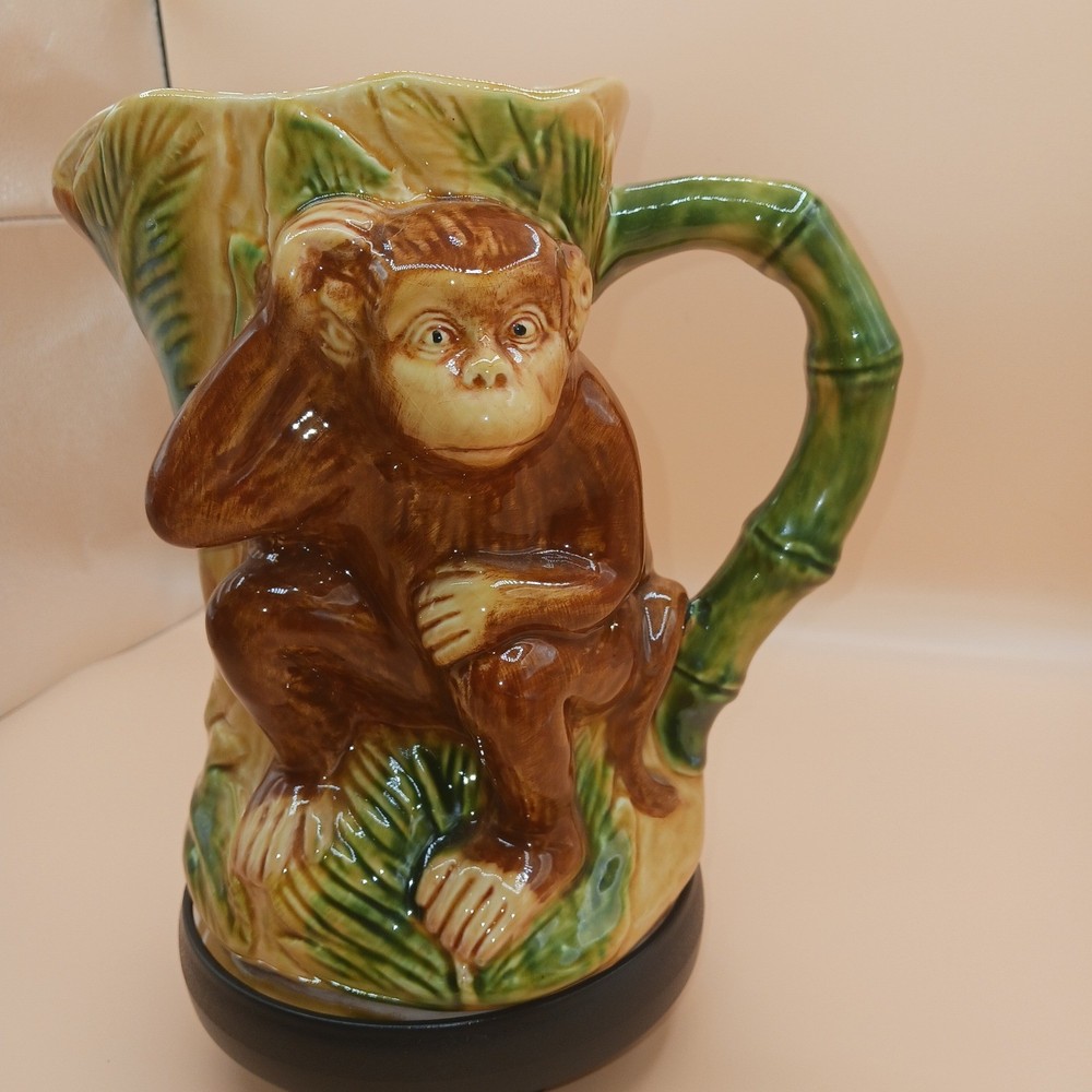 Vtg Ceramic Monkey Pitcher Bamboo Handle Tropical Jungle Palm Leaf Decor Maxcera