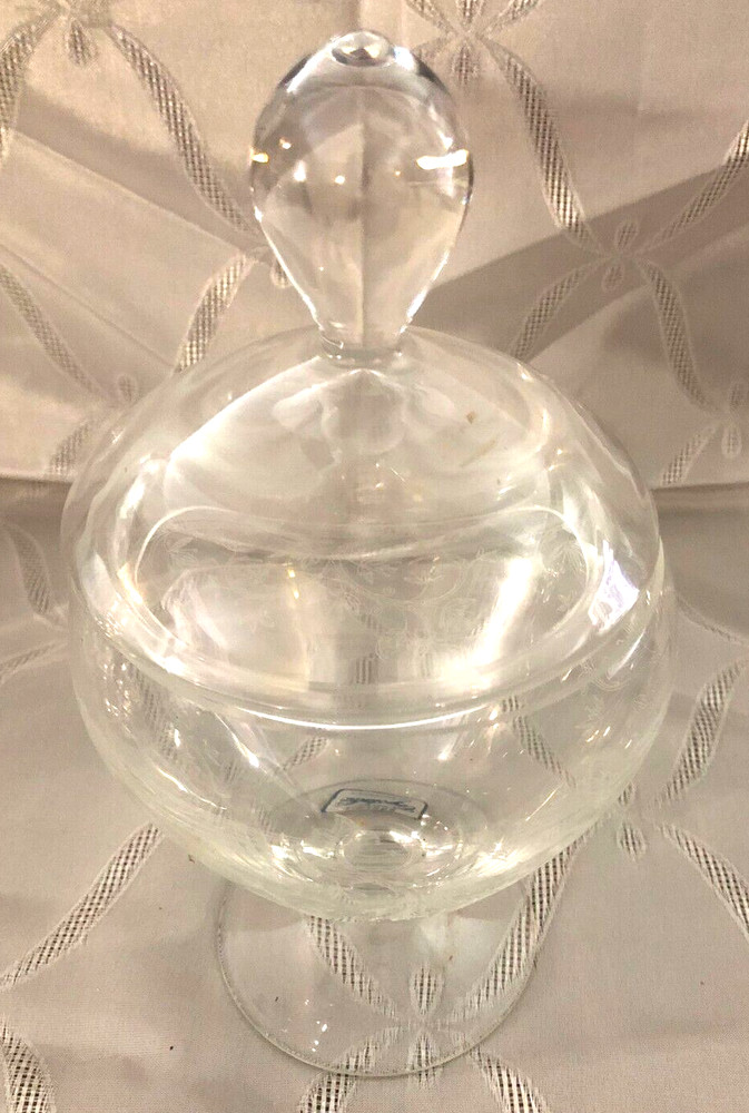 Crystalex Handmade Bohemia~Covered Compote with White Etching~9" Tall