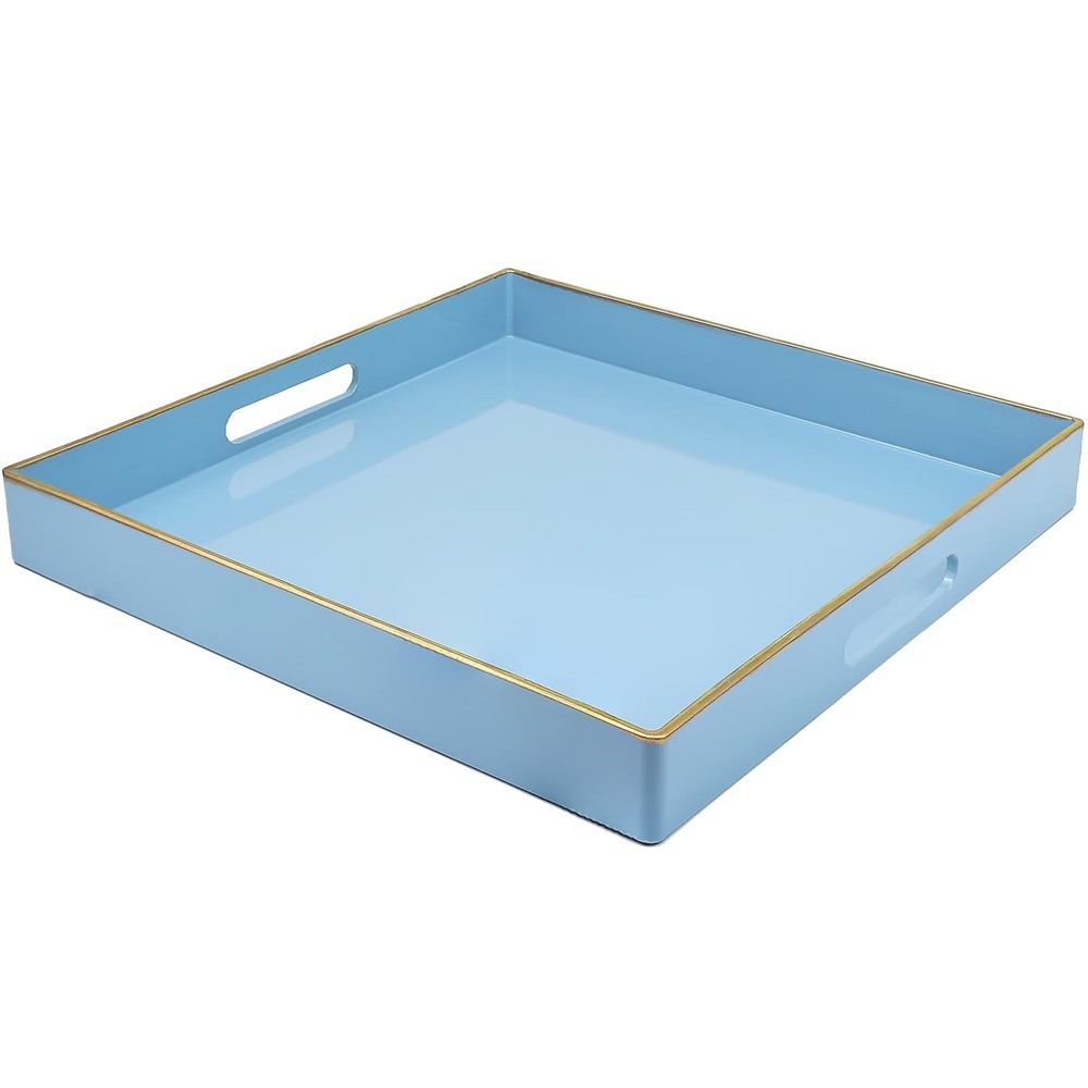 Light Blue Decorative Tray for Living Room, Square Modern Plastic Coffee Serv...