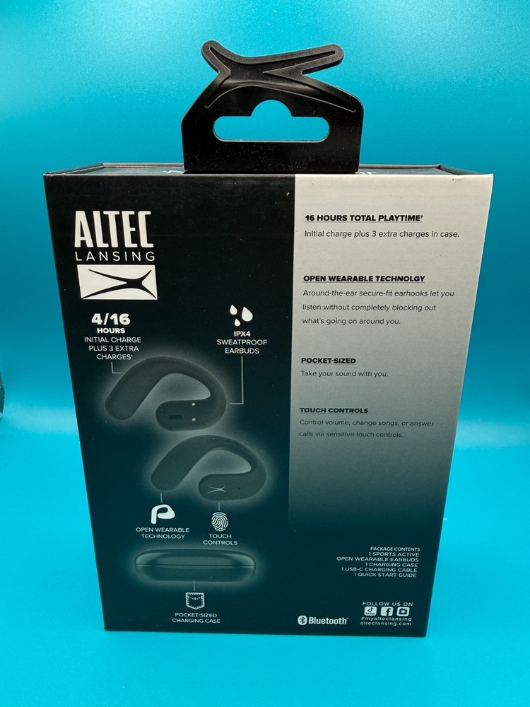 ALTEC Lansing Sport Active Open Earbuds - Sweat Proof - Black - New