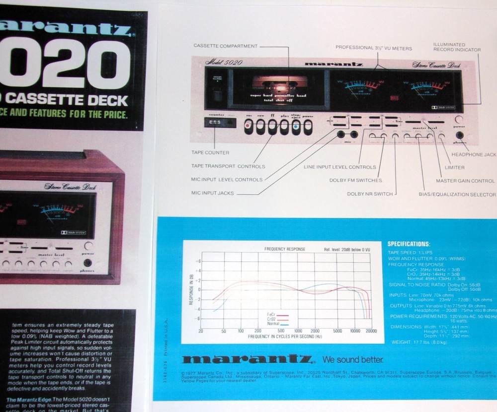 Marantz Audio Brochure '77 Cassette Deck 5020 Info 2 pg, Specs, Article