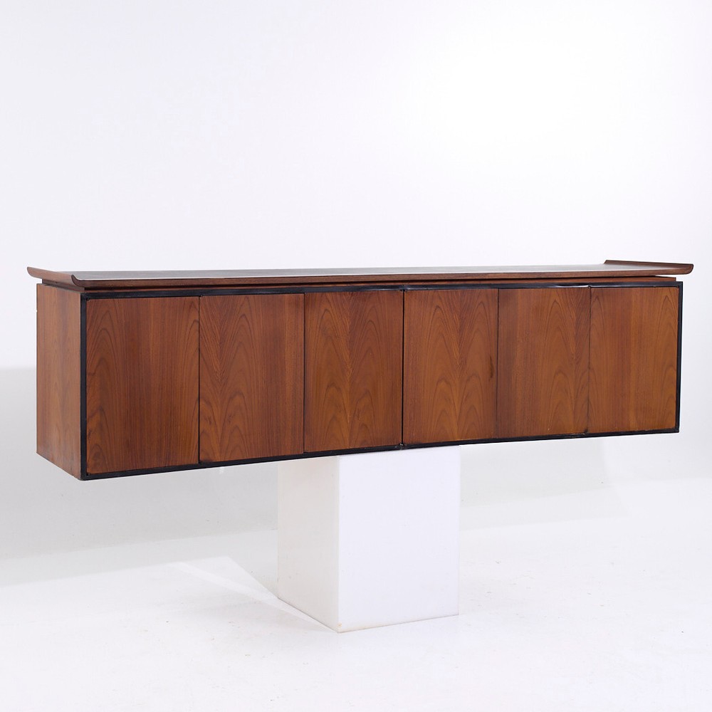 Harvey Probber Style Mid Century Walnut Wall Mounted Curved Credenza