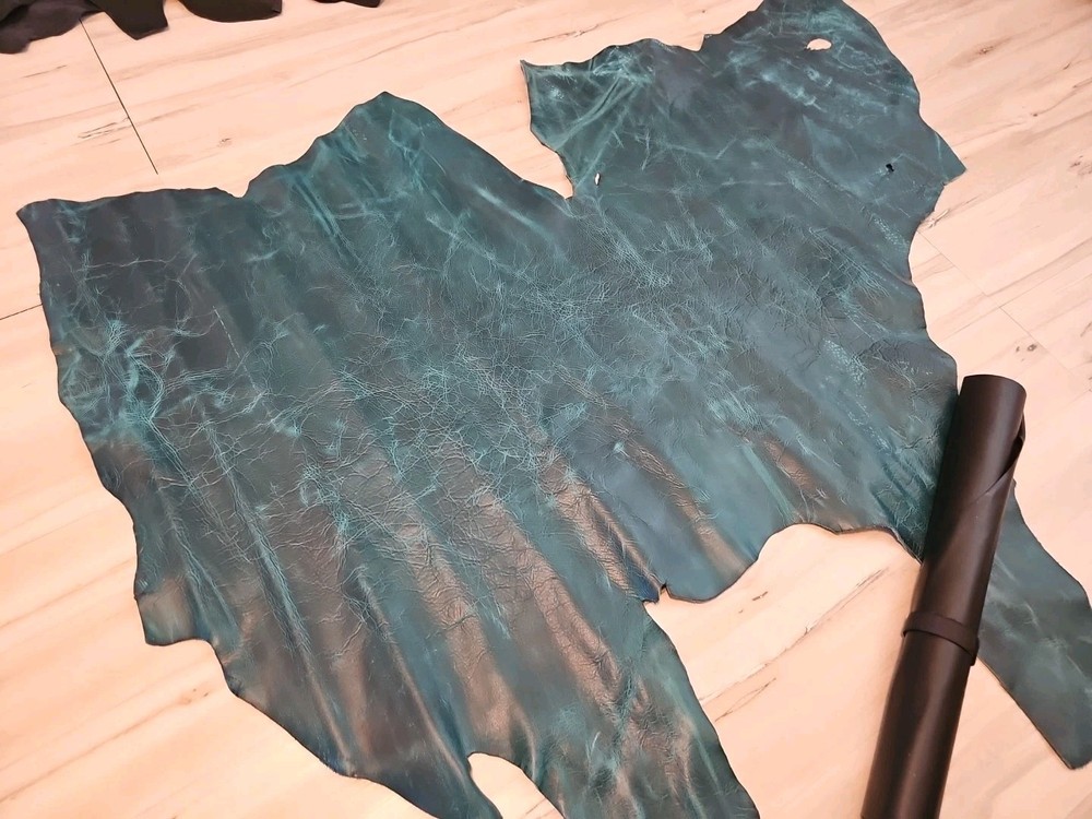 3-4oz VINTAGE PULL-UP DARK TURQUOISE TEAL DISTRESSED LEATHER HIDE SHEET,PANEL