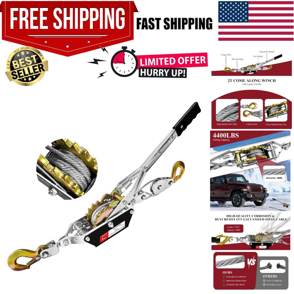 Come Along Winch, 2 Ton 4480 lbs Pulling Capacity, 7 ft Steel Cable, 2 Hooks,...