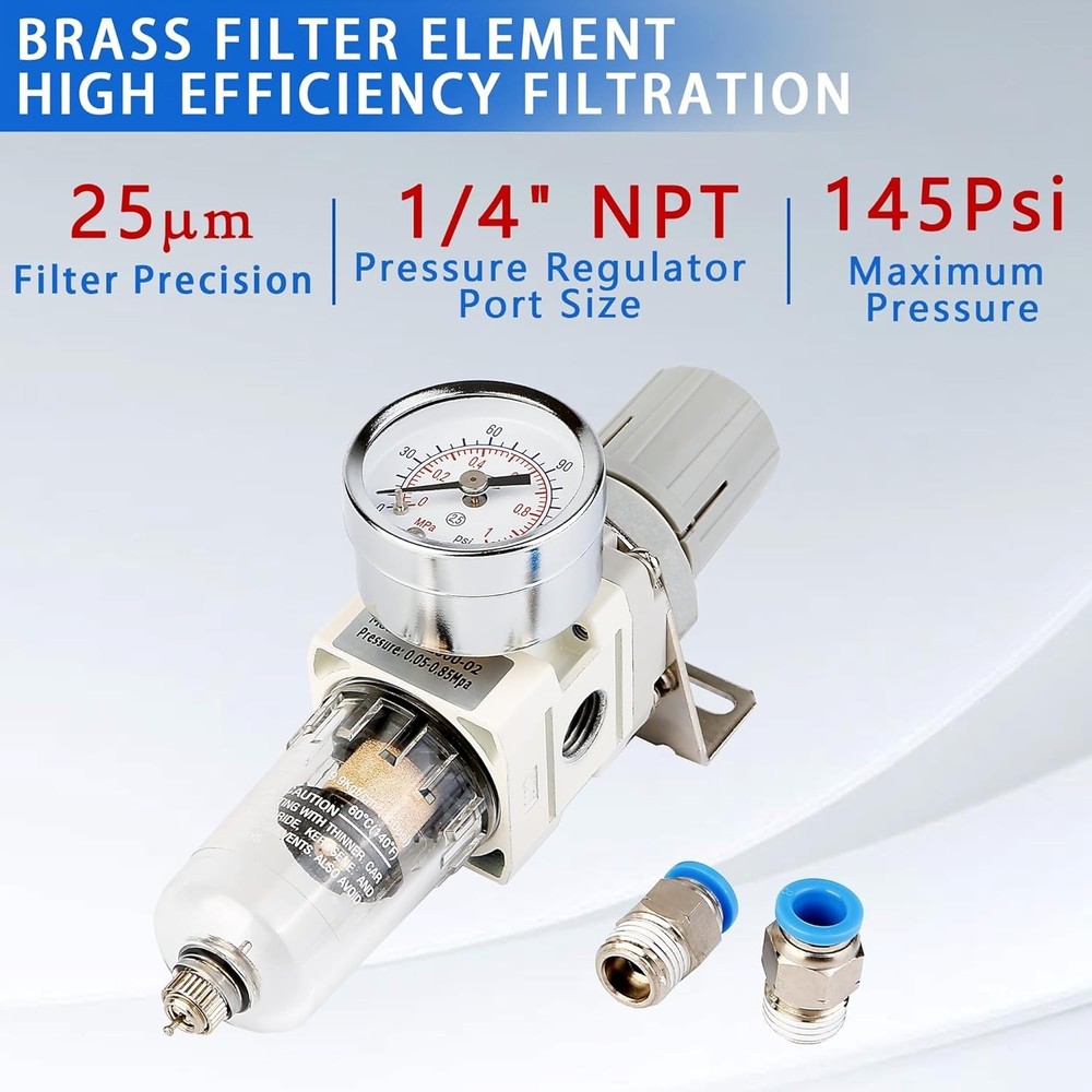 WeiTeng 1/4" NPT Compressed Air Filter Regulator Combo, 5 Micron Brass Filter