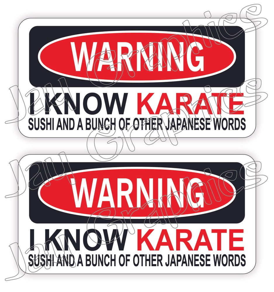 (Pair) Warning - I KNOW KARATE Funny Hard Hat Stickers / Construction Decals USA