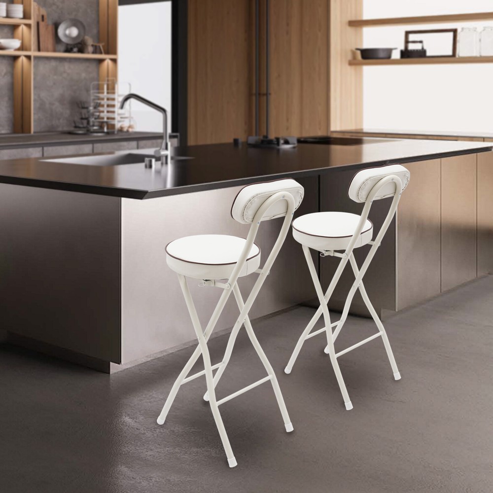 2PCS Bar Stool Portable Folding Stool Padded Folding High Chairs White Modern