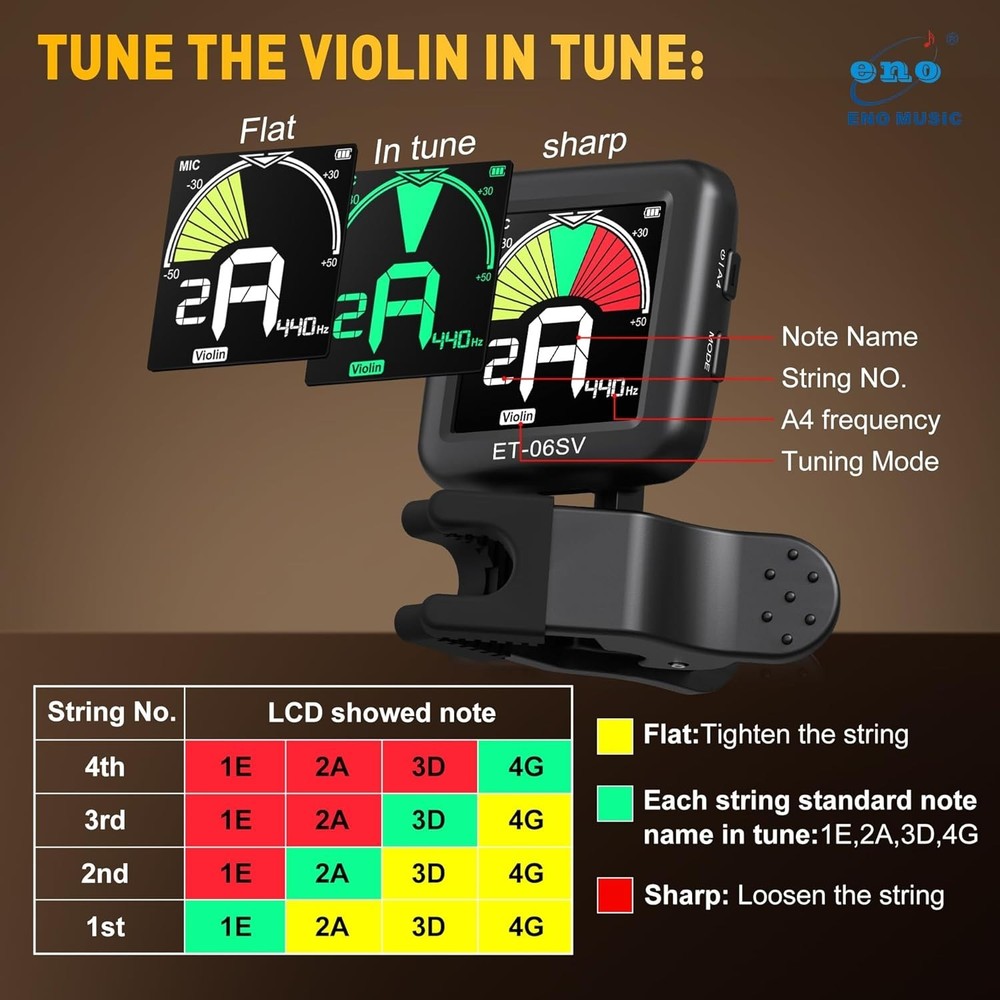 Big Display Rechargeable Clip-On Tuner for String Instruments - Easy to Use